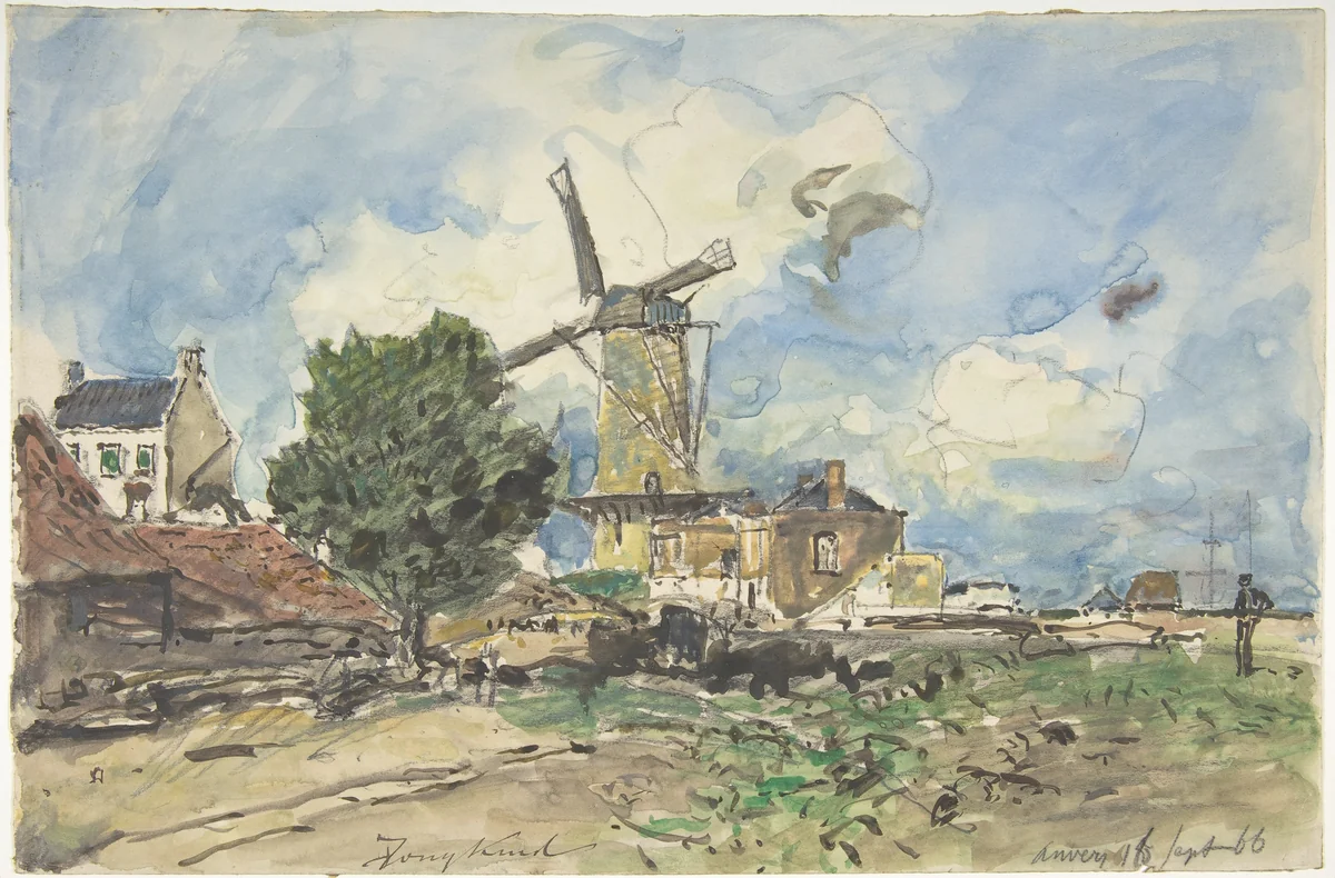 Wind Mill at Antwerp by Johan Barthold Jongkind, drawing, 1866