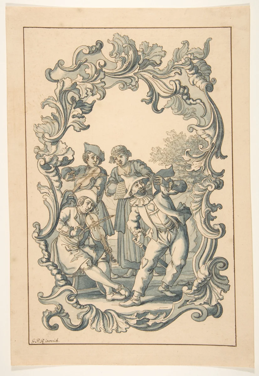 Three Musicians and Harlequin in an Ornamental Frame by Georg Philipp Rugendas, drawing, 1720-1774