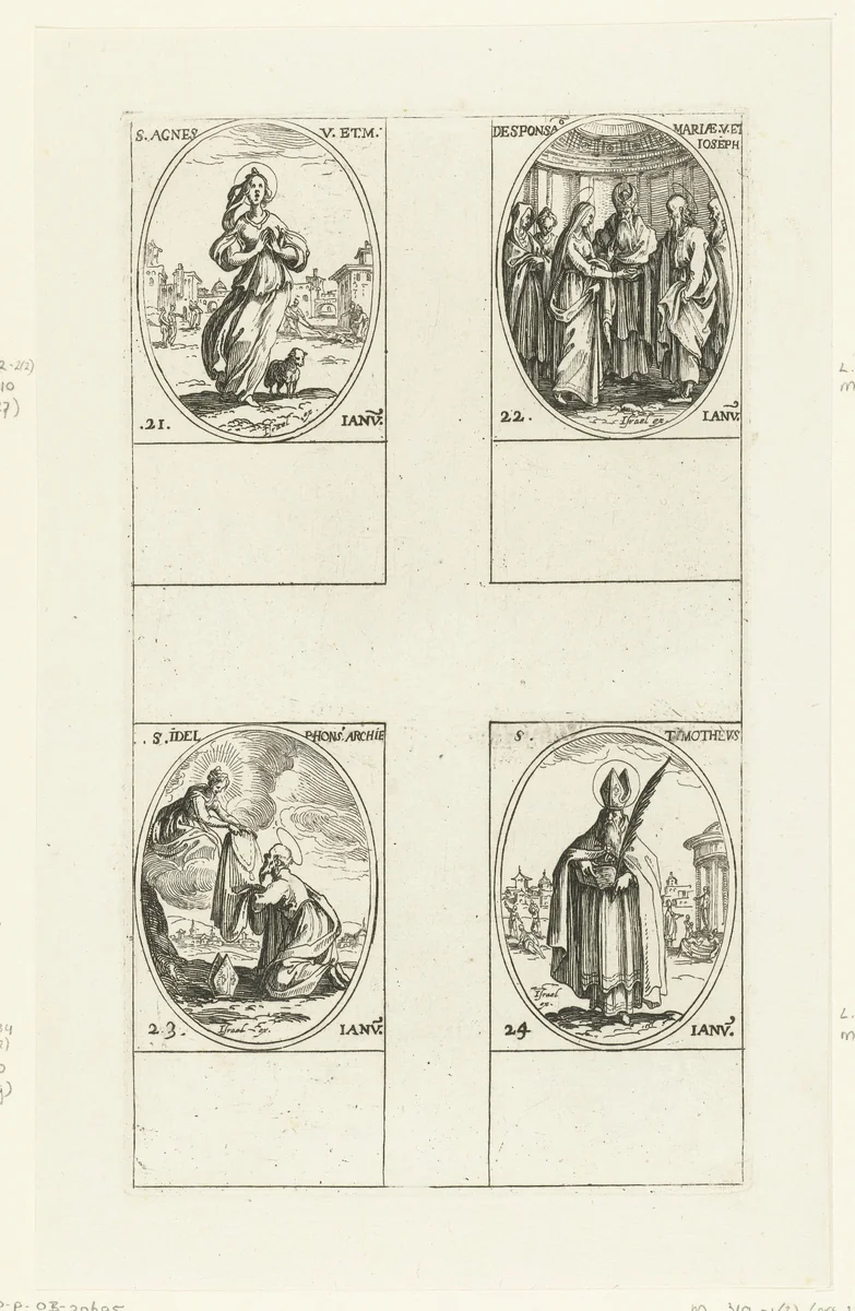 Heilige Agnes, Huwelijk van Maria en Jozef, Heilige Ildefonsus, Heilige Timotheüs (21-24 januari) by Jacques Callot, print, 1632-1636