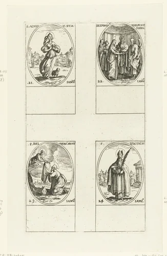 Heilige Agnes, Huwelijk van Maria en Jozef, Heilige Ildefonsus, Heilige Timotheüs (21-24 januari) by Jacques Callot, print, 1632-1636