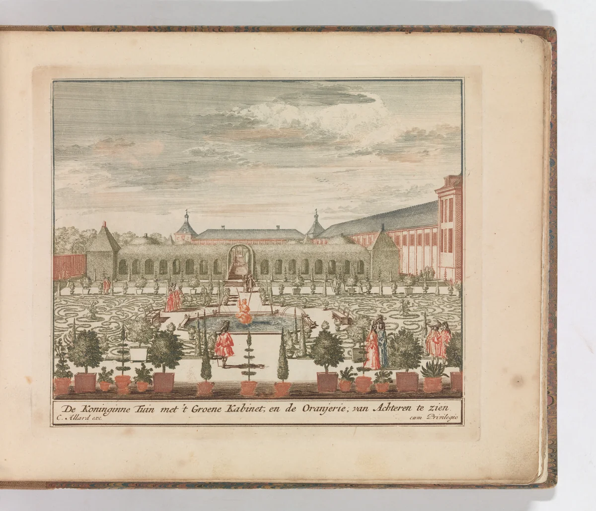' ’De Koninginne Tuin met 't Groene Kabinet , en de Oranjerie, van Achteren gezien", in: Tooneel Der Voornaamste Nederlands Huizen, En Lust Hoven, Naar T Leven Afgebeeld by Carel Allard, book, 1660-1693
