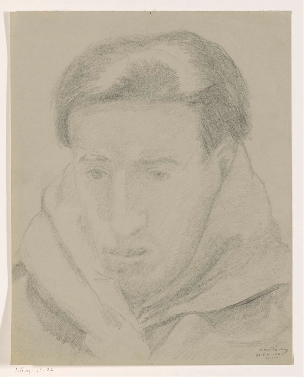 Zelfportret en face: B-1-1, 31 januari by Cor van Teeseling, drawing, 1942
