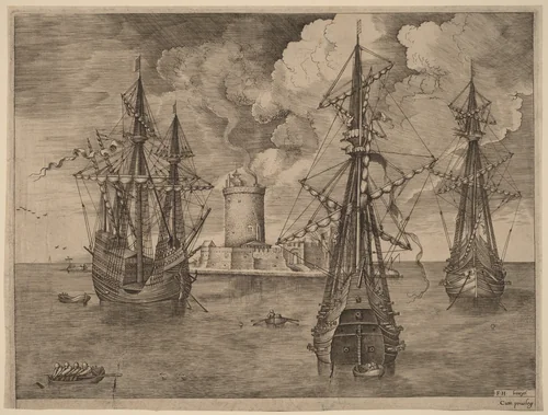 Four-Master (Left) and Two Three-Masters Anchored near a Fortified Island with a Lighthouse by Frans Huys
Pieter Bruegel the Elder
Hieronymus Cock, print, 1565