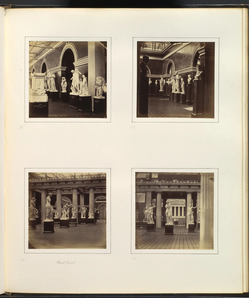 [Sculpture Court Flanked by Torso of Marsyas and Sacrificial Altar; Sculpture Court with Bust of Caracalla; Greek Court with Sculptures of Mercury, Faun, and Ariadne; Roman Court with Three Sculptures of Venus] by Philip Henry Delamotte, photograph, 1857-1861