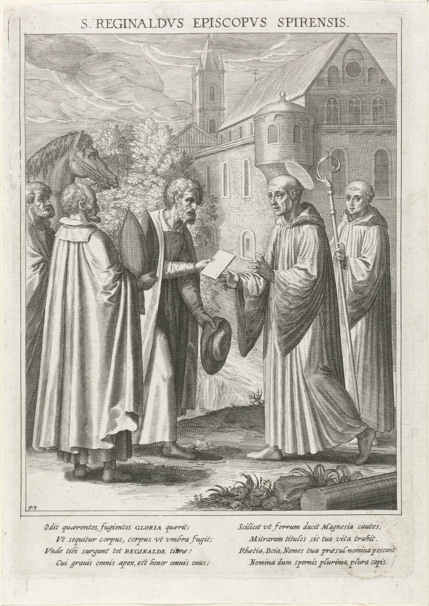 Heilige Reginaldus ontvangt de bisschopsambt van Spier by Raphaël Sadeler, print, 1615