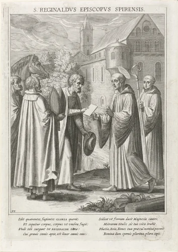 Heilige Reginaldus ontvangt de bisschopsambt van Spier by Raphaël Sadeler, print, 1615