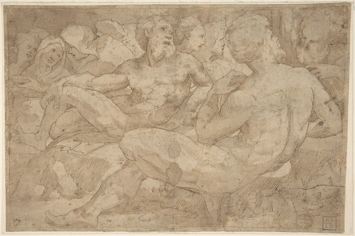 Copy in Reverse Design Orientation: Based on the Group of Reclining Figures at Left in Domenico Beccafumi's Scene of Moses Striking the Rock in the Pavement of Siena Cathedral by Domenico Beccafumi, drawing, 1596