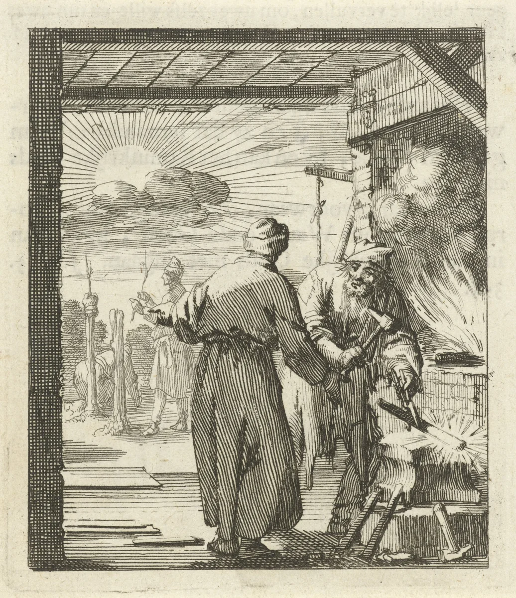 Twee figuren in een smidse by Jan Luyken, print, 1689