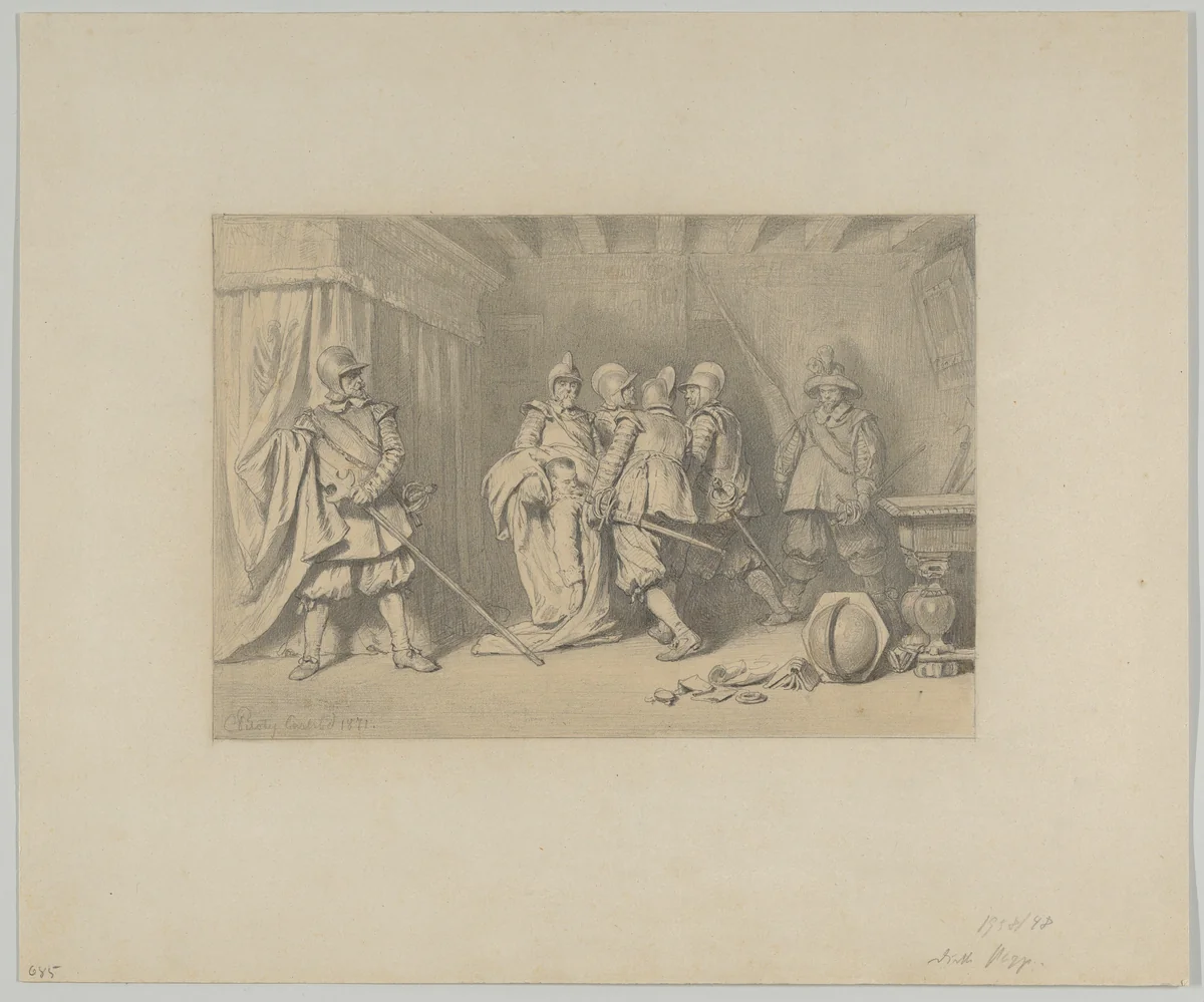 The Dead Wallenstein Being Carried Away by Soldiers by Karl Piloty, drawing, 1871