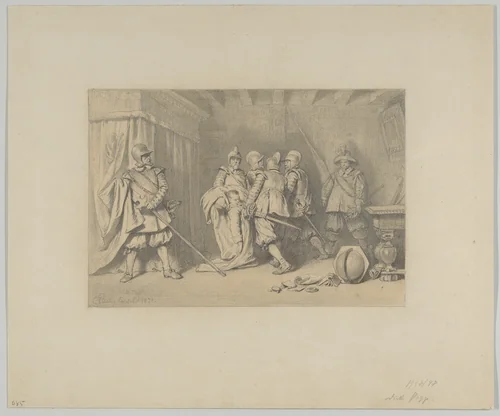 The Dead Wallenstein Being Carried Away by Soldiers by Karl Piloty, drawing, 1871
