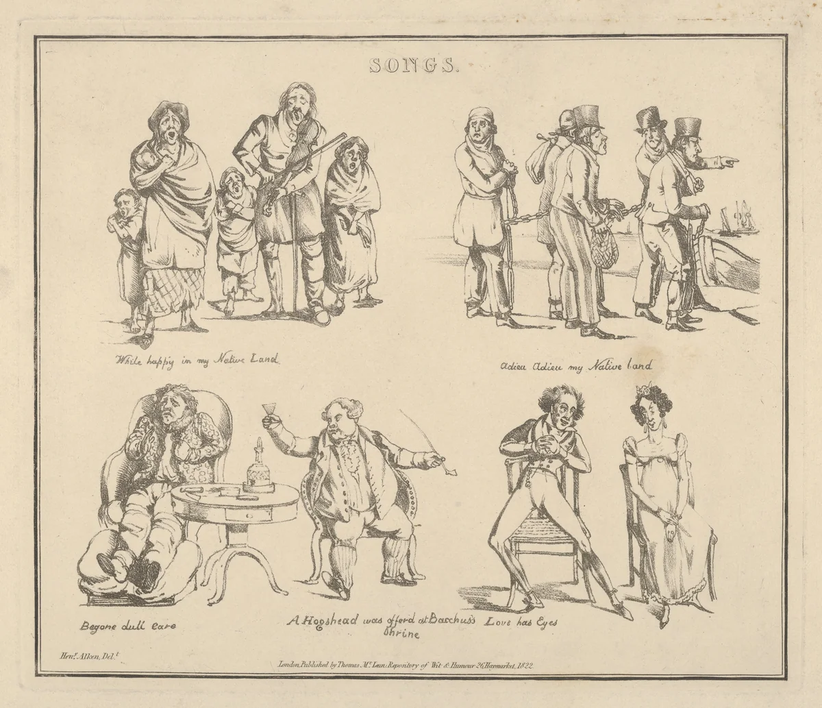 Songs: "While happy in my Native Land..." by Henry Thomas Alken, print, 1822