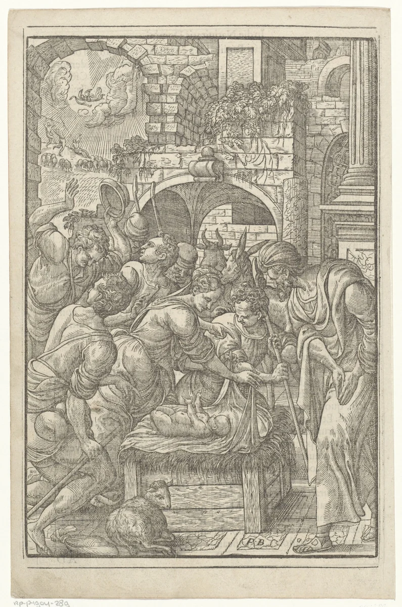 Aanbidding door de herders by Antoni van Leest, print, 1571-1632