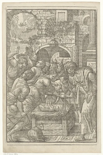 Aanbidding door de herders by Antoni van Leest, print, 1571-1632