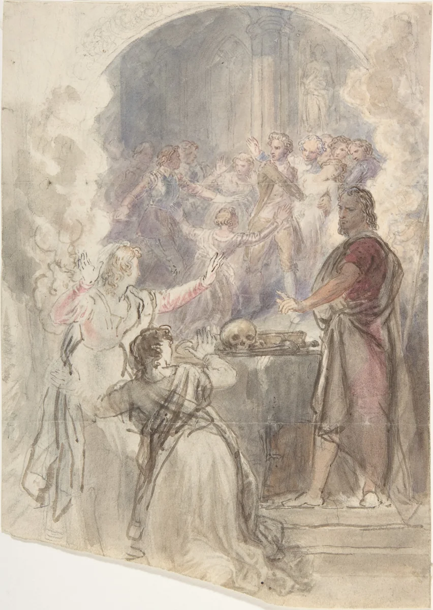 Scene from "My Aunt Margaret's Mirror" (Keepsake Story by Sir Walter Scott) by John William Wright, drawing, 1823-1833