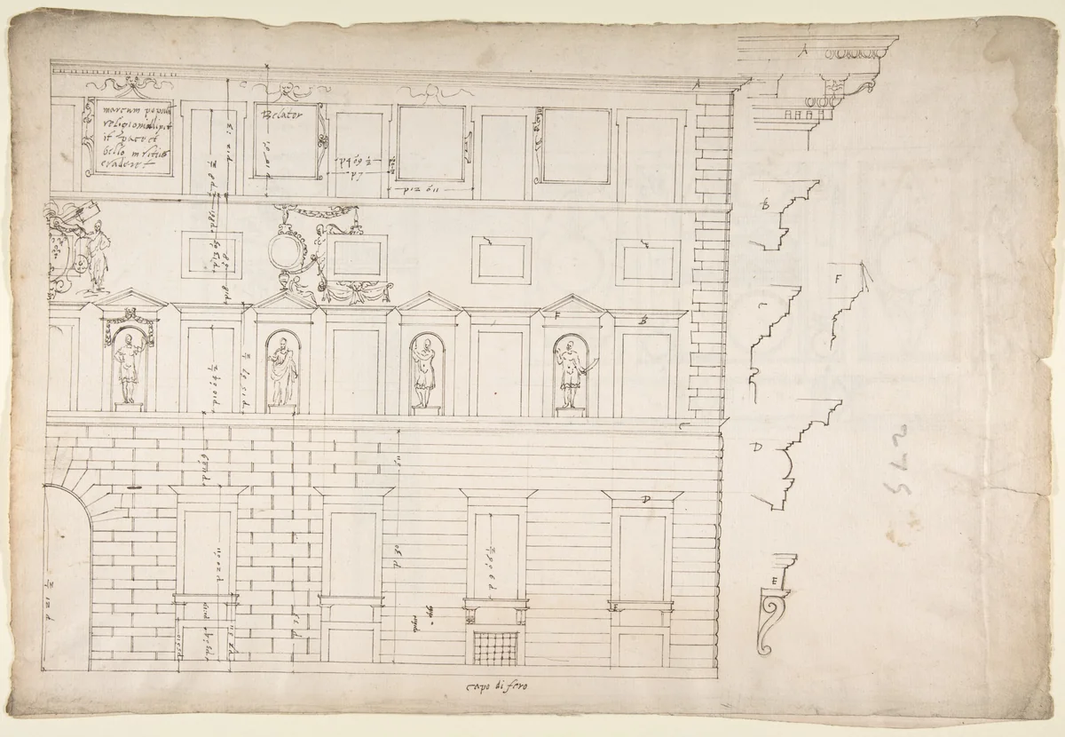 Palazzo Spada (Capodiferro), right half, elevation; details profiles (recto) Wall, interior, elevation; ceiling, interior, plan (verso) by anonymous, drawing, 1500-1560