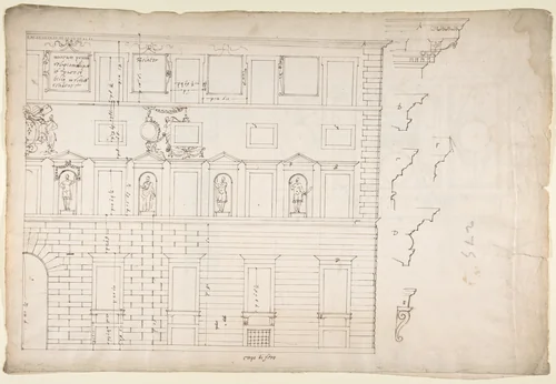 Palazzo Spada (Capodiferro), right half, elevation; details profiles (recto) Wall, interior, elevation; ceiling, interior, plan (verso) by anonymous, drawing, 1500-1560