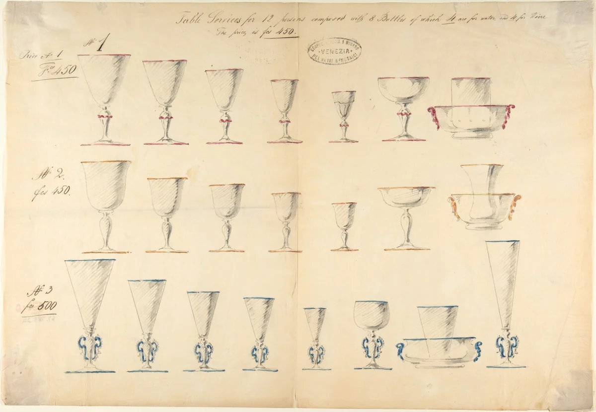 One of Twenty-Three Sheets of Drawings of Glassware (Mirrors, Chandeliers, Goblets, etc.) by Compagnia di Venezia e Murano, drawing, 1850-1880