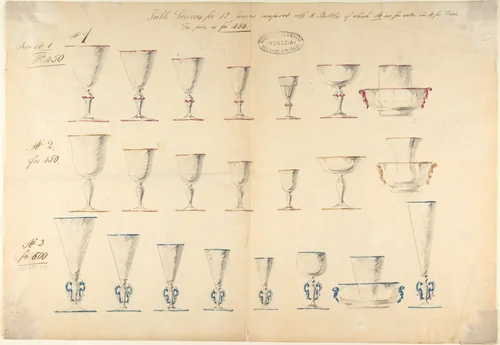 One of Twenty-Three Sheets of Drawings of Glassware (Mirrors, Chandeliers, Goblets, etc.) by Compagnia di Venezia e Murano, drawing, 1850-1880