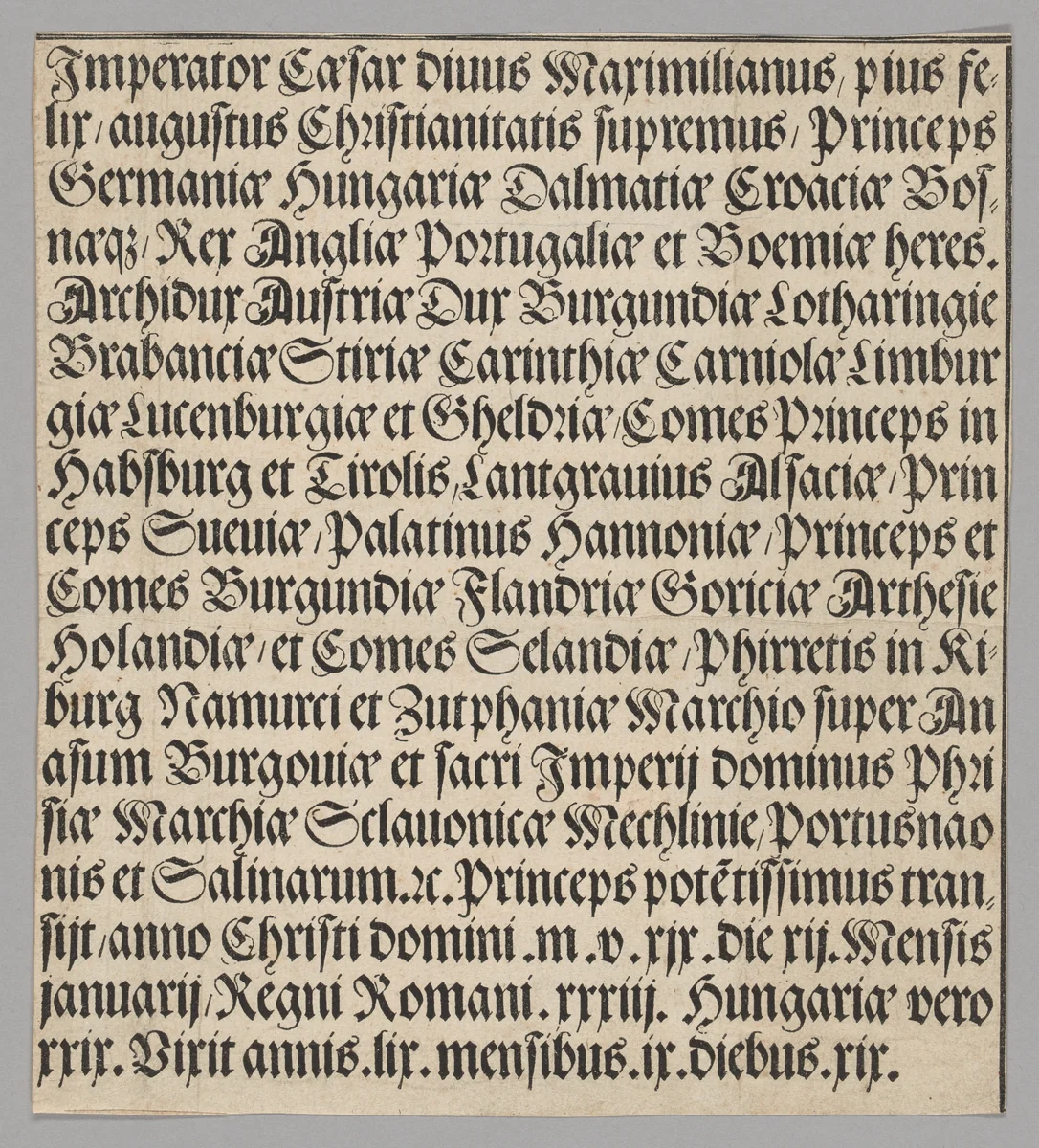 Titles of Emperor Maximilian, from Historical Scenes from the Life of Emperor Maximilian I from the Triumphal Arch by Benedictus Chelidonius, print, 1515-1517