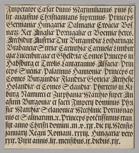 Titles of Emperor Maximilian, from Historical Scenes from the Life of Emperor Maximilian I from the Triumphal Arch by Benedictus Chelidonius, print, 1515-1517