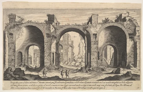 View of the Baths of Caracalla, indicating with inscribed letter 'A' the places from which columns were reportedly taken by Pope Pius IV to be sent to the Grand Duke of Florence, plate 19 from "Ruins of the antiquity of Rome, Tivoli, Pozzuoli, and other places" (Vestigi della antichità di Roma, Tivoli, Pozzvolo et altri luochi) by Aegidius Sadeler II, print, 1606