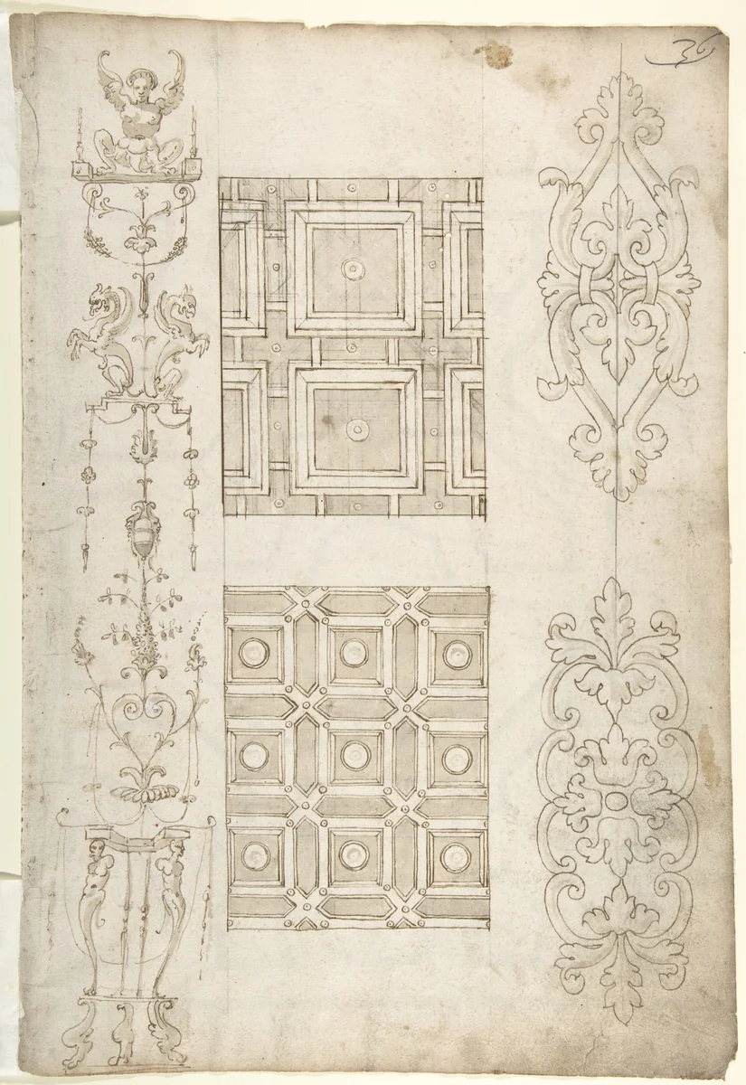 Grotesque Decoration and Ceiling Designs (recto); Geometric Design (verso) by anonymous, drawing, 1500-1599