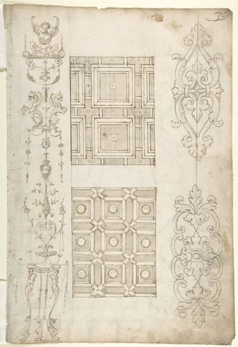 Grotesque Decoration and Ceiling Designs (recto); Geometric Design (verso) by anonymous, drawing, 1500-1599