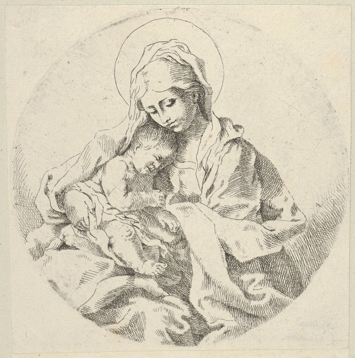 The Virgin holding the infant Christ, a circular composition, after Reni by anonymous, print, 1595-1645
