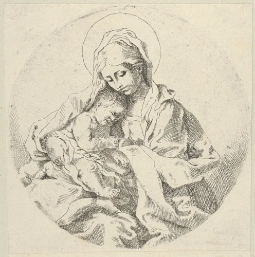 The Virgin holding the infant Christ, a circular composition, after Reni by anonymous, print, 1595-1645