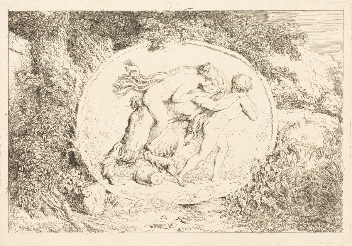 Nymph Astride a Satyr (Jeune fille a califourchon sur un satyre) by Jean Honoré Fragonard, print, 1763