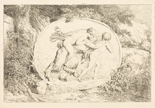 Nymph Astride a Satyr (Jeune fille a califourchon sur un satyre) by Jean Honoré Fragonard, print, 1763