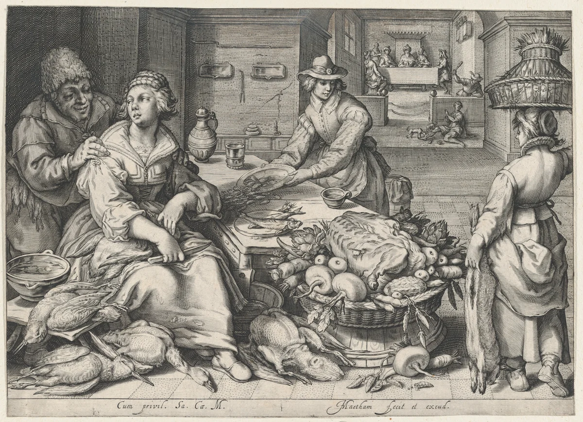 Kitchen Scene with a Maid Drawing Poultry, the Parable of the Rich Man and the Poor Lazarus, from Kitchen and Market Scenes with Biblical Scenes in the Background by Jacob Matham, print, 1598-1608