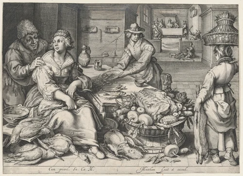 Kitchen Scene with a Maid Drawing Poultry, the Parable of the Rich Man and the Poor Lazarus, from Kitchen and Market Scenes with Biblical Scenes in the Background by Jacob Matham, print, 1598-1608