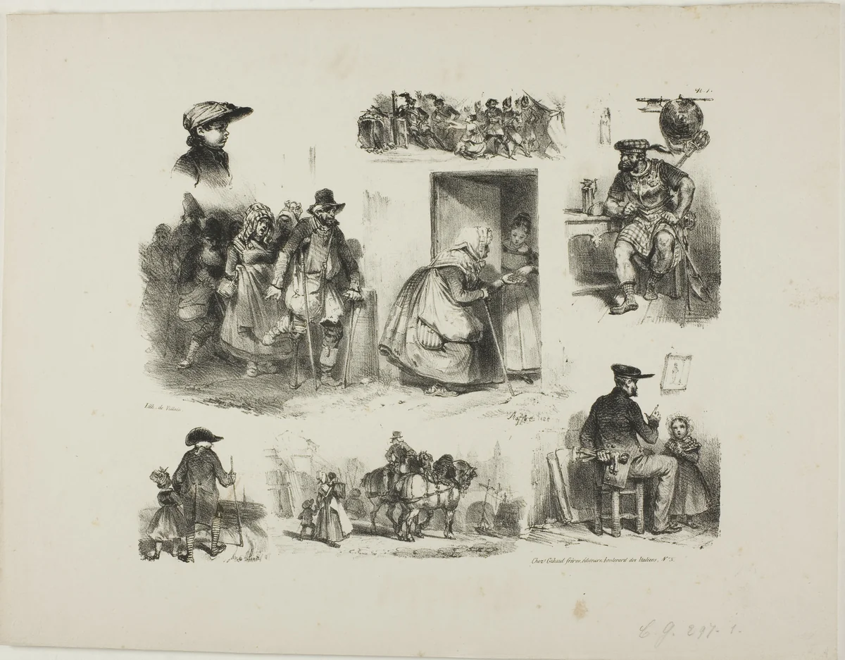 Sheet of Sketches by Denis Auguste Marie Raffet, print, 1828