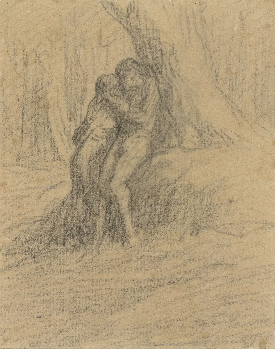 Vrijend boerenpaar onder een zware boom by Charles Emile Jacque, drawing, 1823-1894