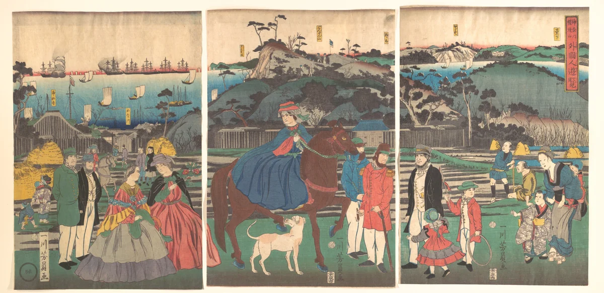 Foreigners Visiting the Famous Site of Mt. Gongen in Kanagawa by Utagawa Yoshikazu, print, 1861