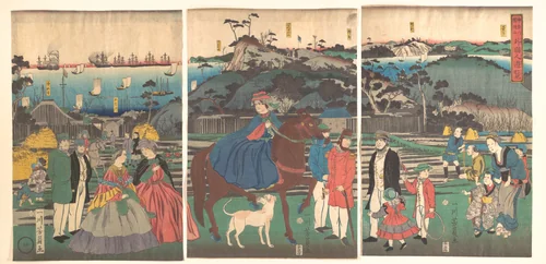 Foreigners Visiting the Famous Site of Mt. Gongen in Kanagawa by Utagawa Yoshikazu, print, 1861