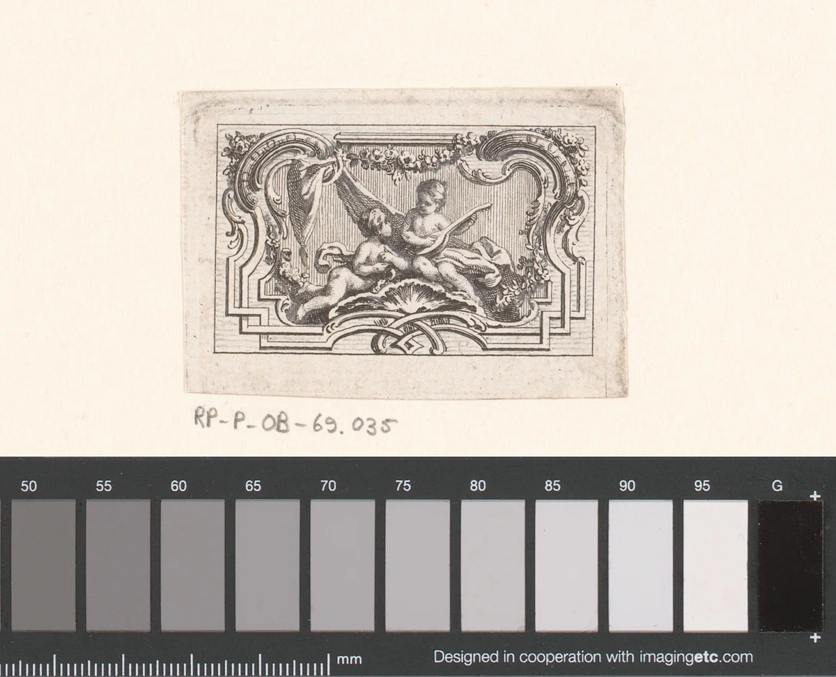 Vignet met twee musicerende putti by Jacques-Philippe Le Bas, print, 1717-1783