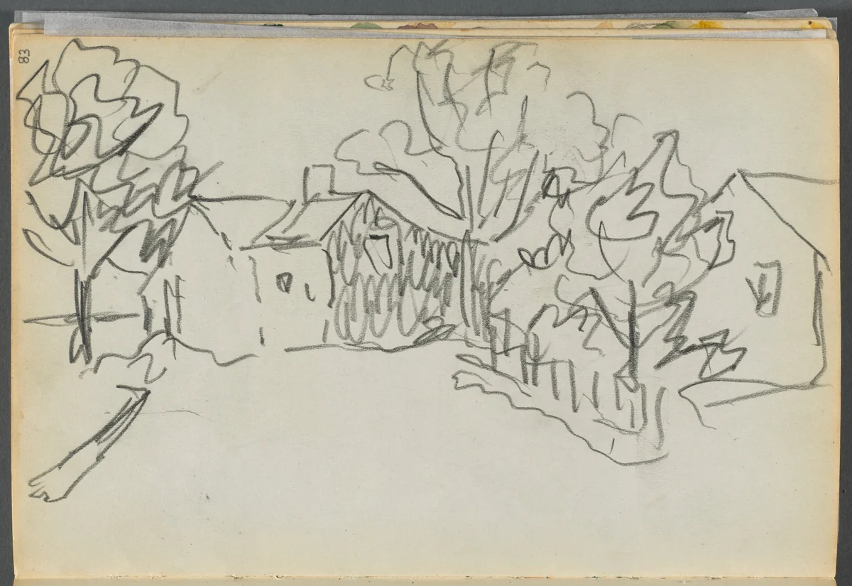 Sketchbook- The Granite Shore Hotel, Rockport, page 083: Village Scene by Maurice Prendergast, book, 1905-1910