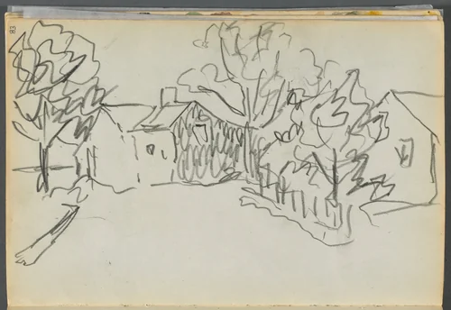 Sketchbook- The Granite Shore Hotel, Rockport, page 083: Village Scene by Maurice Prendergast, book, 1905-1910