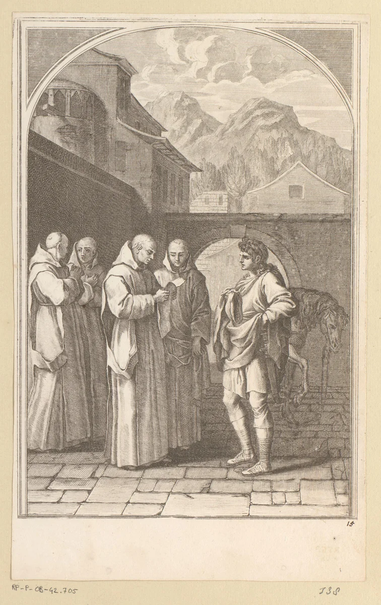 Heilige Bruno ontvangt een boodschap van paus Urbanus II by Sébastien Leclerc, print, 1647-1714