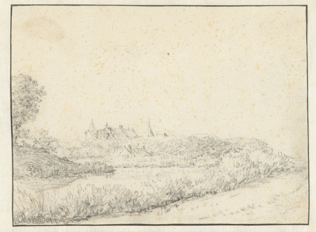 Landscape with a Castle near the Bank of a River by anonymous, drawing, 1650-1675