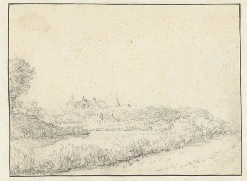 Landscape with a Castle near the Bank of a River by anonymous, drawing, 1650-1675
