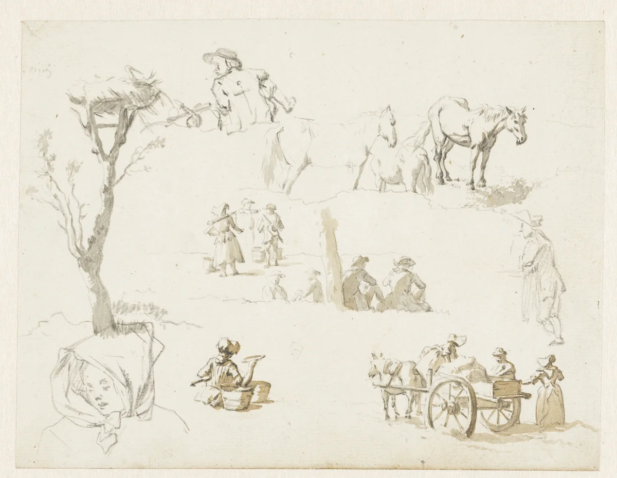 Studies van landlieden, paarden en een ooievaarsnest by Pieter Bartholomeusz. Barbiers, drawing, 1782-1837