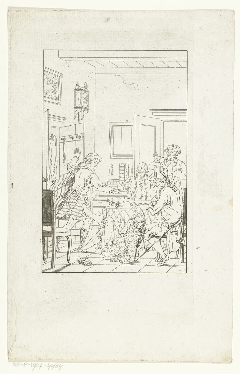 Interieur met kleermaker Balthazar Knoopius en bezoek by Johannes Christiaan Bendorp, print, 1813