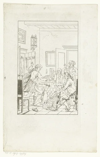 Interieur met kleermaker Balthazar Knoopius en bezoek by Johannes Christiaan Bendorp, print, 1813