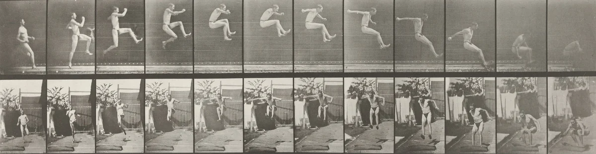 Man Jumping, Running Broad Jump: Plate 159 from Animal Locomotion (1887) by Eadweard Muybridge, photograph, 1884