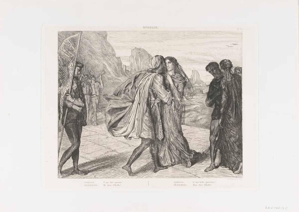 "O my fair warrior!": plate 5 from Othello (Act 2, Scene 1) by Théodore Chassériau, print, 1844-1900