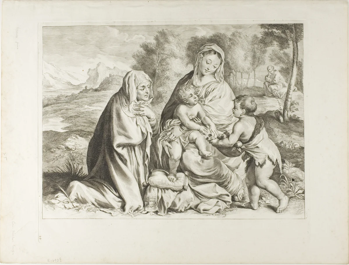 The Holy Family with Saint John the Baptist and Saint Elizabeth, from Cabinet Reynst by Cornelis Visscher, print, 1649-1658