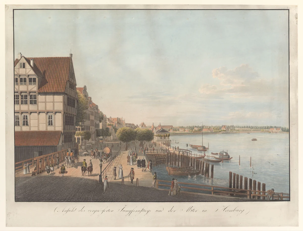 Gezicht op de Jungfernstieg te Hamburg by Leopold Beyer, print, 1799-1877